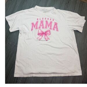 Rebel Sky Blessed Mama Graphic T-Shirt White Pink Bow Cotton Womens Large
